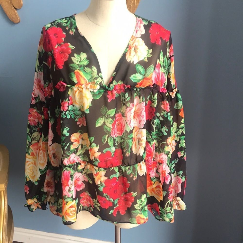 ASOS black floral 3/4 sleeves gauzy ruffled V neck see through light top size 14